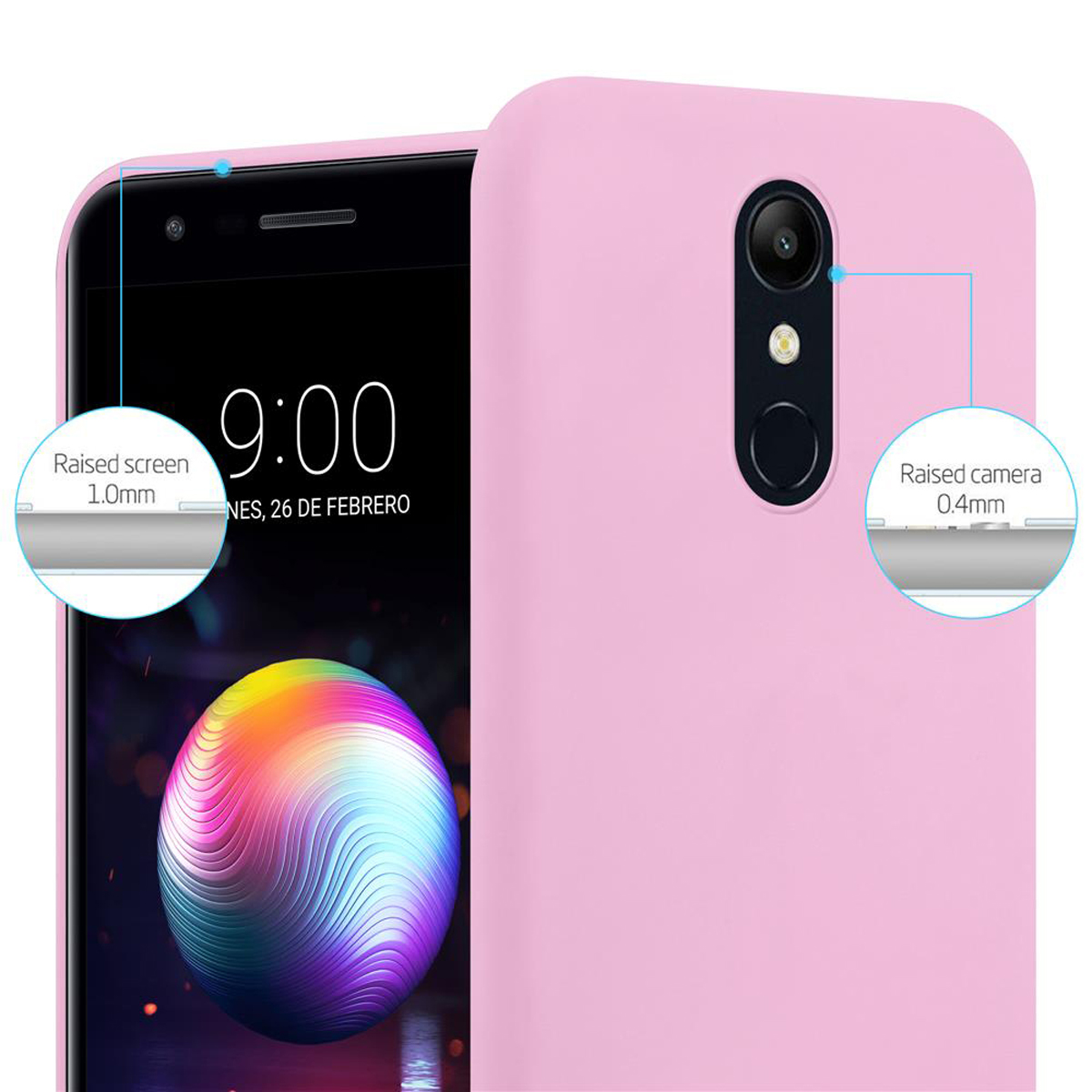 Custodia rosa per telefono con telefono nero. La custodia ha schermo e fotocamera rialzati.