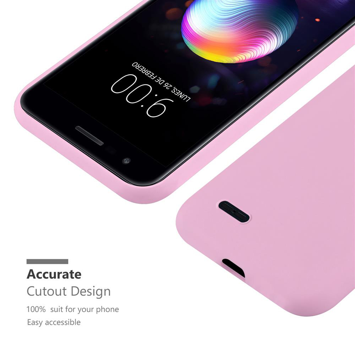 Una custodia per telefono rosa con un telefono che mostra l'ora '9:00'. Testo: 'Accurate Cutout Design'.