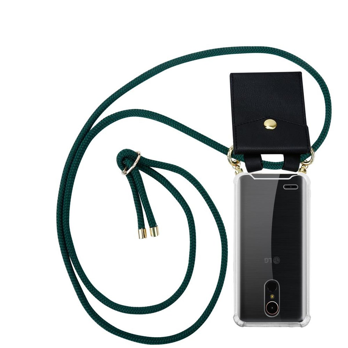 Telefon mit grünem Kabel und schwarzer Hülle, transparente Handyhülle.