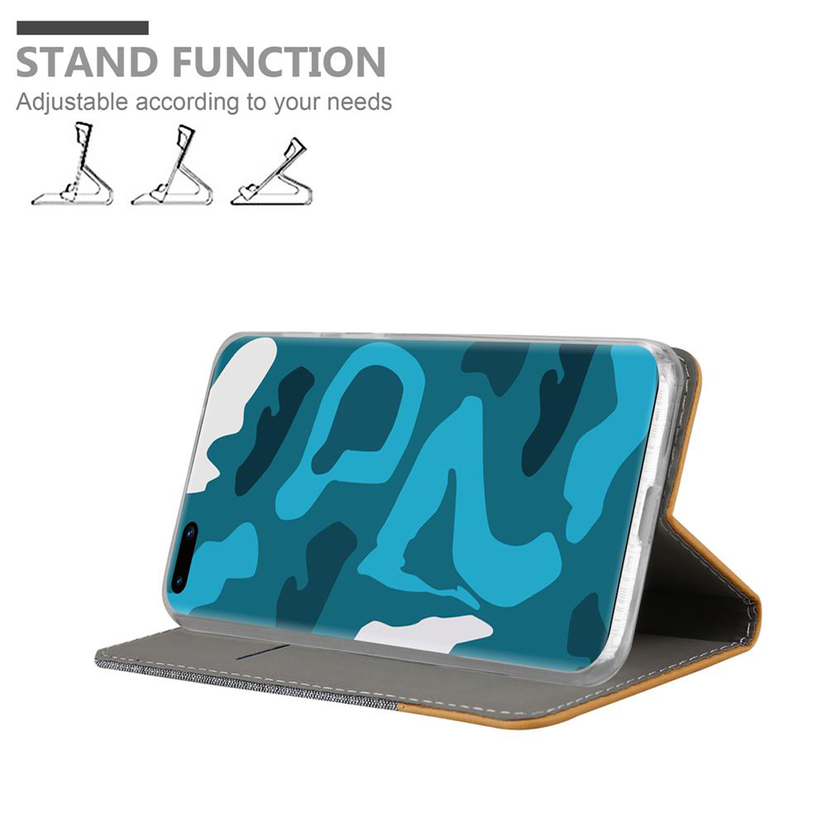 Eine Handyhülle mit Camo-Design ist geöffnet. Die Hülle steht. Der Text lautet „STANDFUNKTION“.