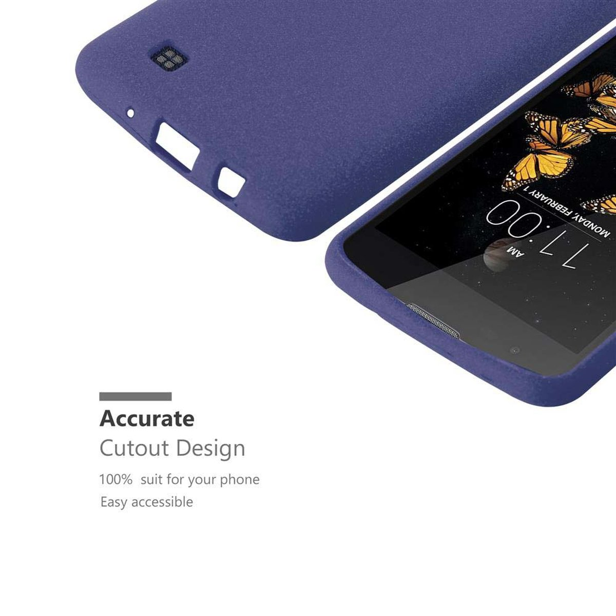 Custodia per telefono viola con telefono all'interno. Lunedì 7 febbraio.