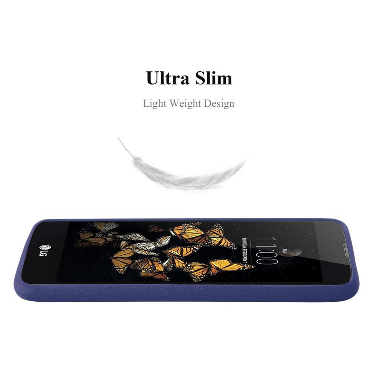 Un telefono con sfondo di farfalle in una custodia blu con piuma bianca.