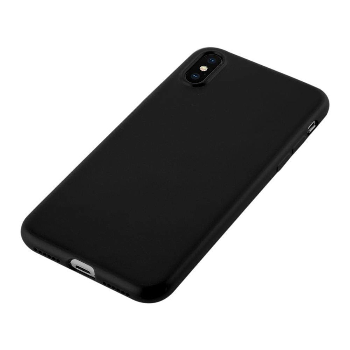 Custodia per telefono nera con fotocamera. La custodia ha una finitura liscia e opaca. Su sfondo bianco.