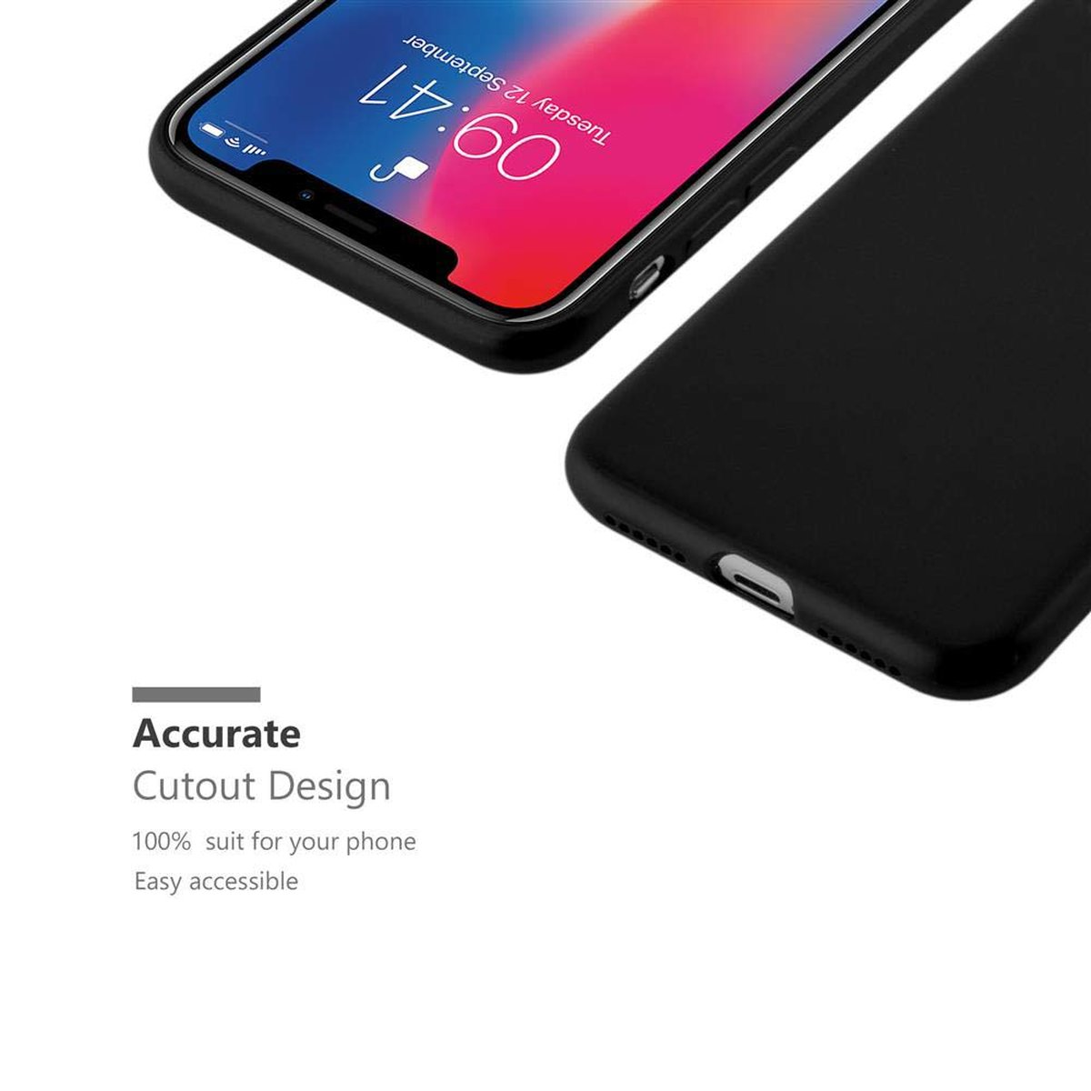 Un telefono nero che mostra l'ora, con il testo design di ritaglio accurato, adatto al 100% per il tuo telefono.
