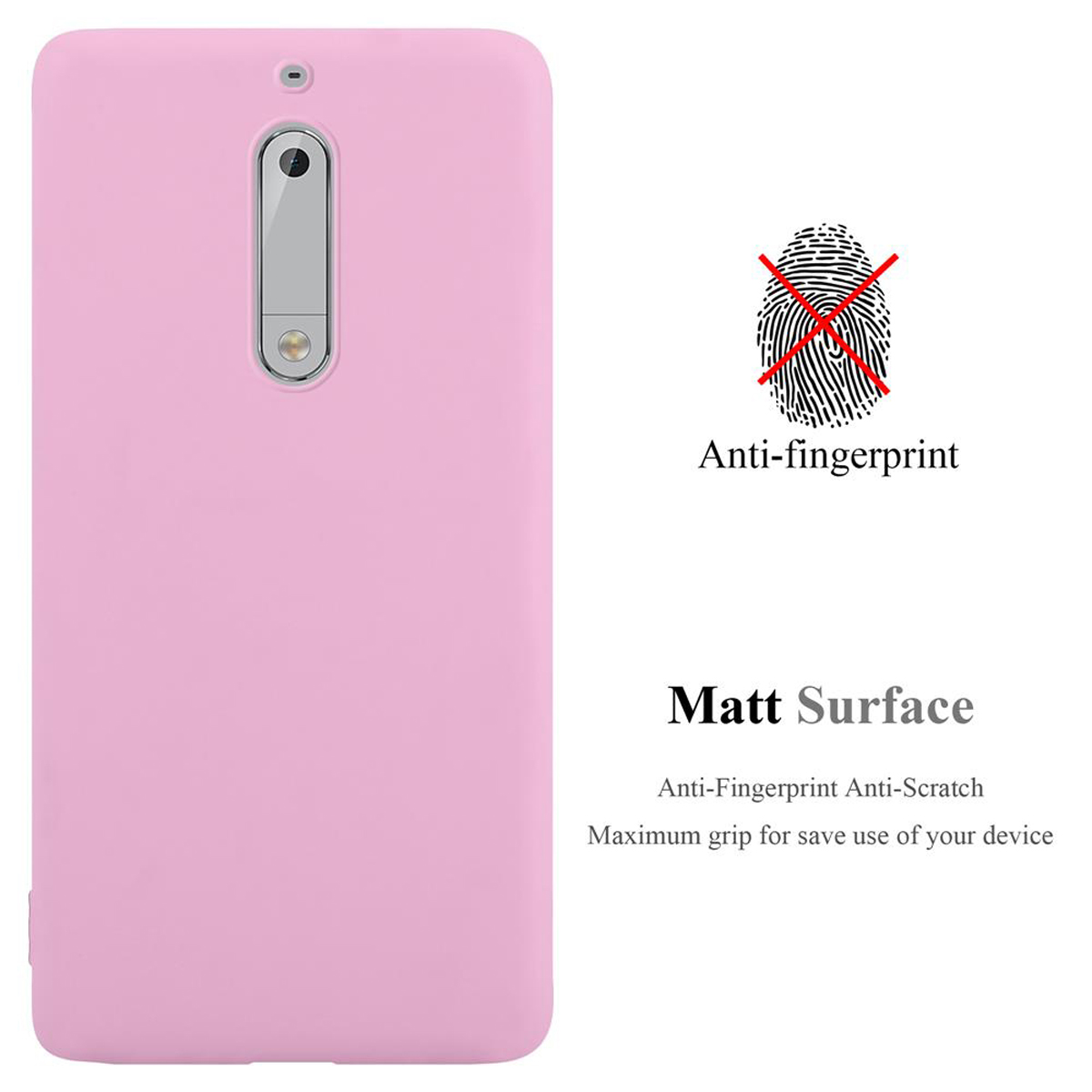 Custodia per telefono rosa. Anti-impronta, superficie opaca. Il testo dice, Massima presa per l'uso sicuro del tuo dispositivo. Sfondo bianco.