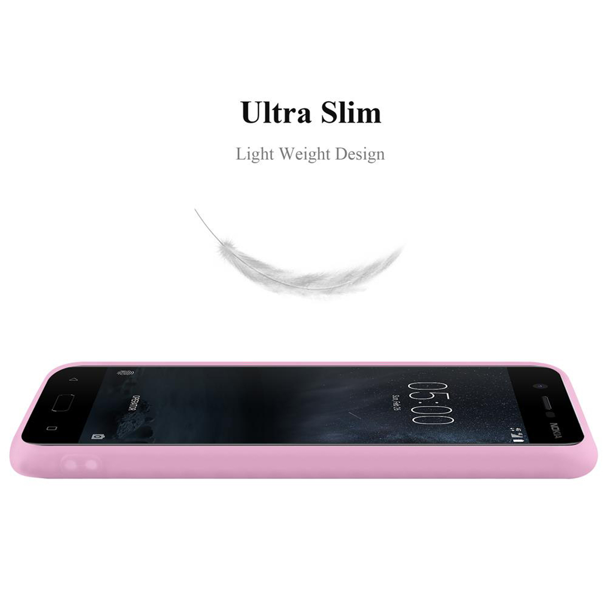 Custodia rosa su superficie bianca. Il telefono è su sfondo bianco.