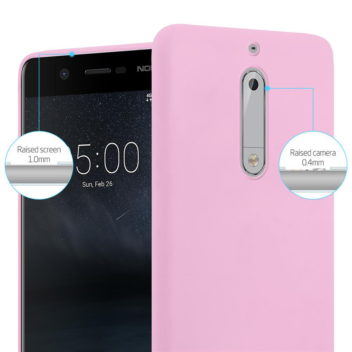 Custodia rosa e telefono all'interno, con etichette che evidenziano lo schermo e la fotocamera rialzati.