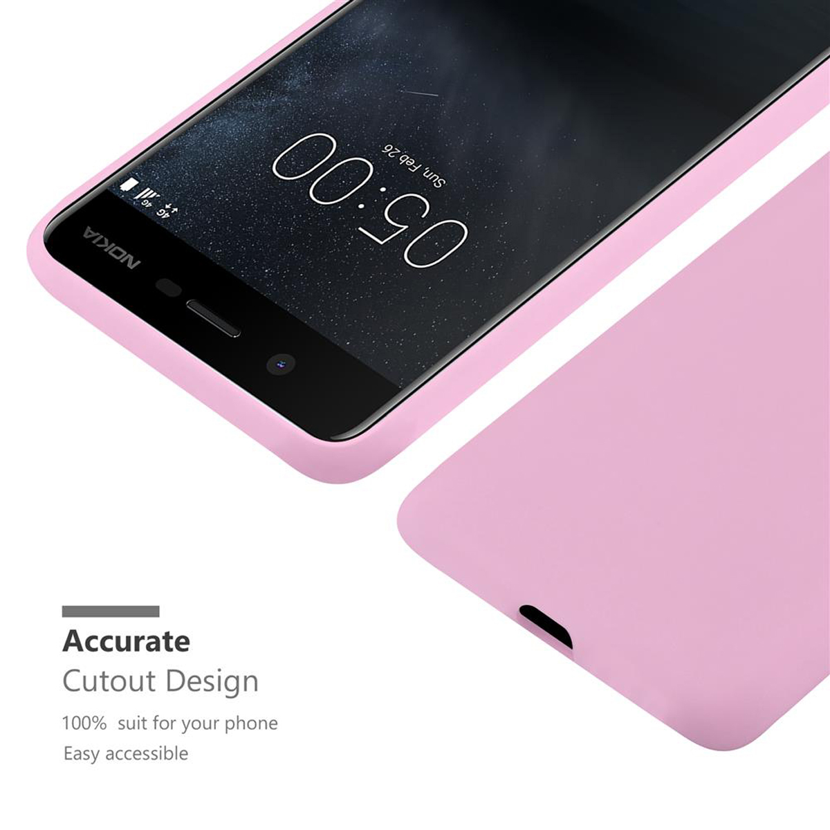 Telefono rosa. Testo: 'Accurate Cutout Design', '100% suit for your phone', 'Easy accessible'.