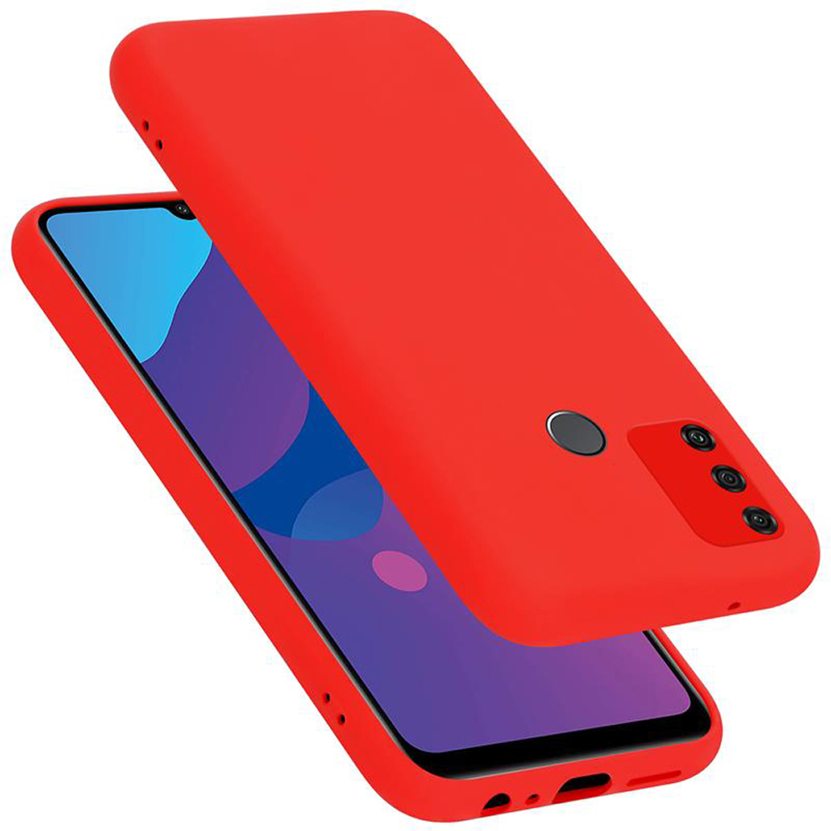 Ein rotes Telefon und Gehäuse. Der Bildschirm zeigt ein blaues und lila Bild.