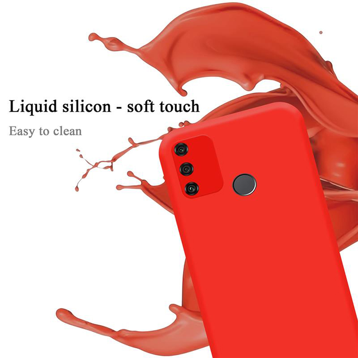 Eine rote Handyhülle mit drei Kameralinsen. Im Hintergrund ein Spritzer roter Farbe. Der Text lautet „Flüssiges Silikon – Soft Touch“.