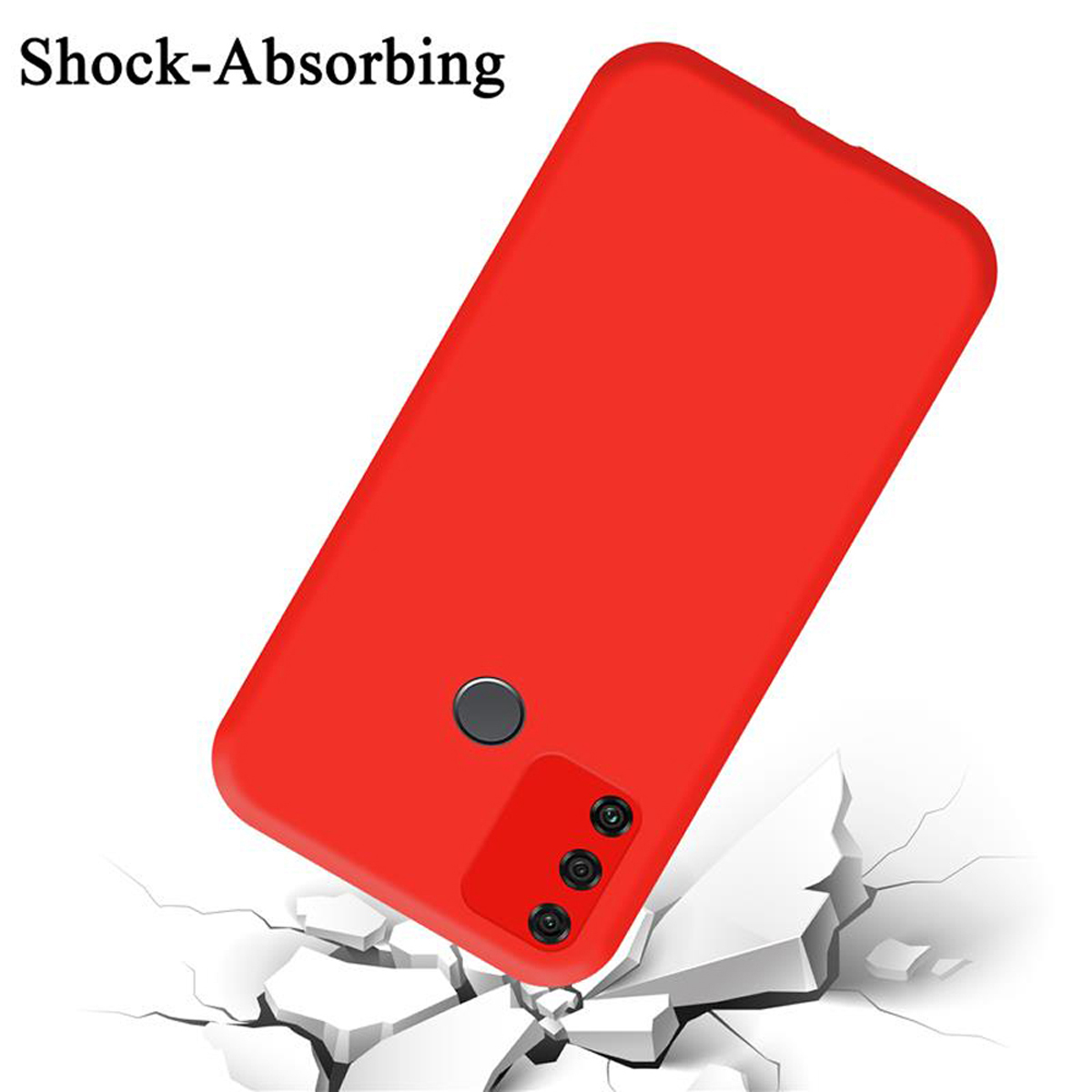 Eine rote Handyhülle liegt auf einer weißen Oberfläche und scheint auseinanderzubrechen. Darüber steht 'Shock-Absorbing'.