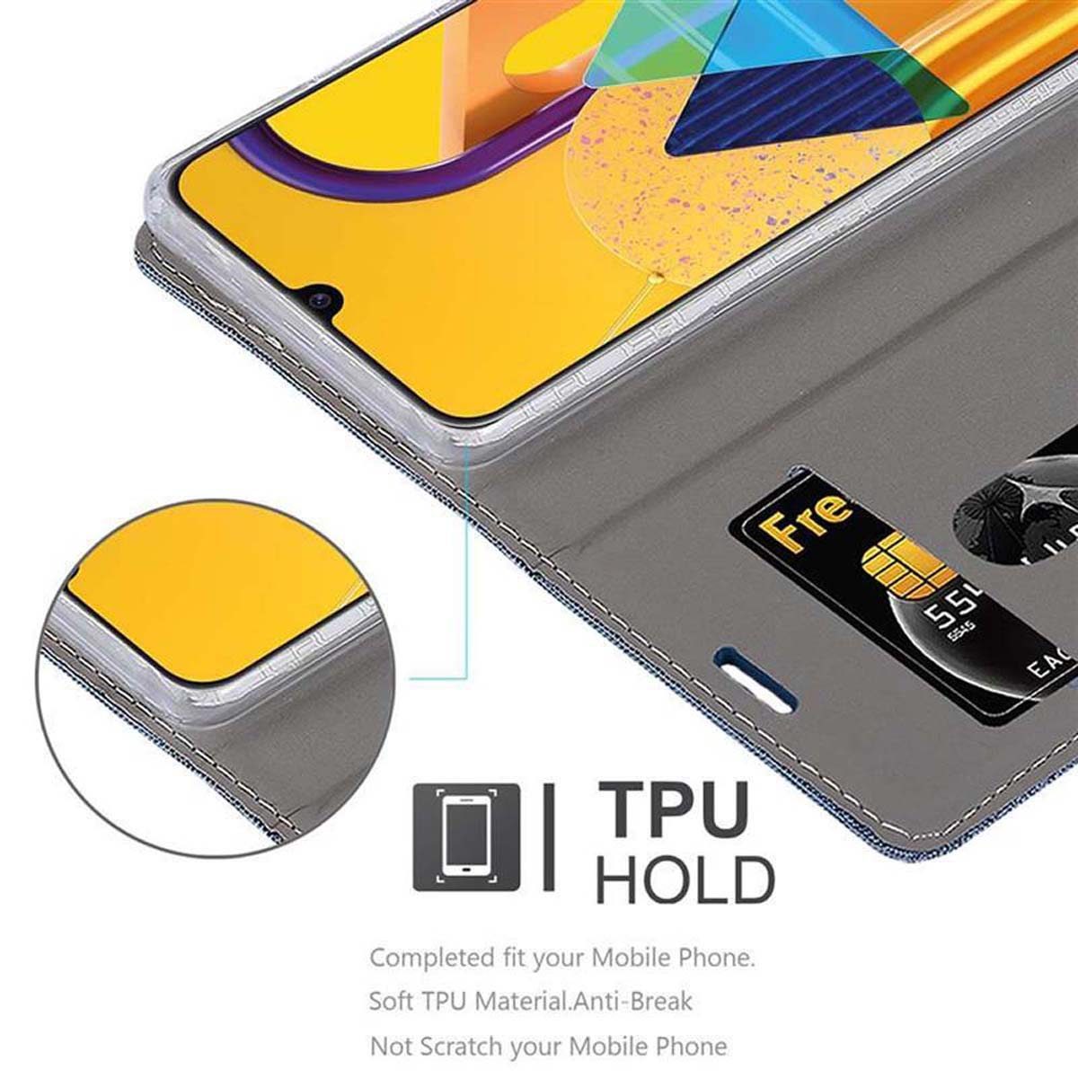 Custodia per telefono con carte all'interno, con testo: TPU HOLD. Sfondo bianco.