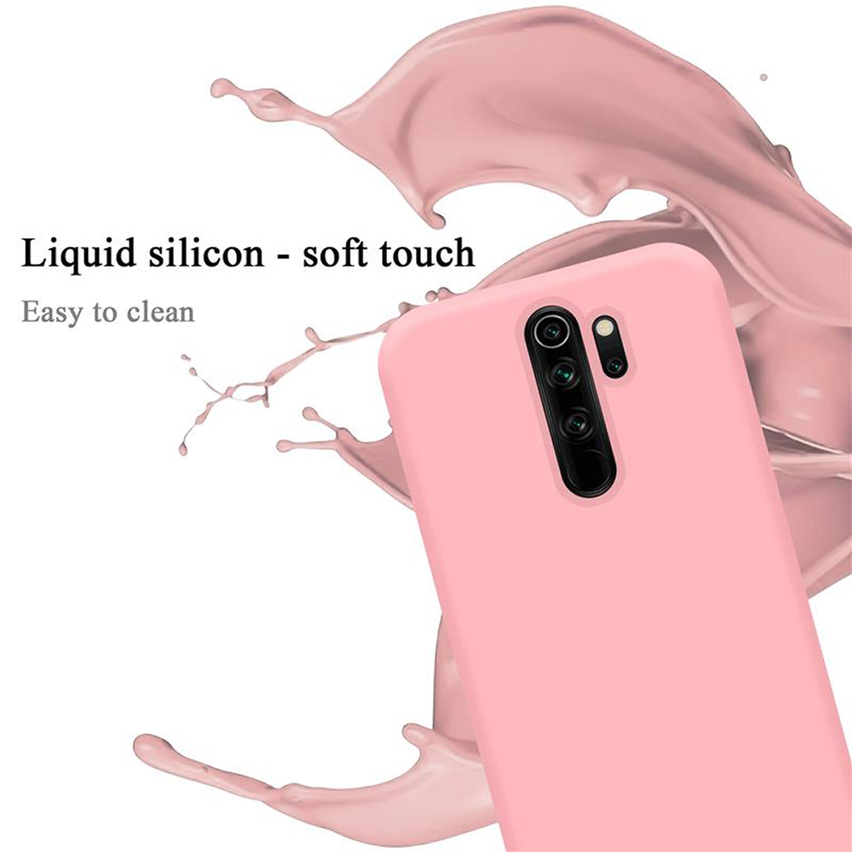 Custodia rosa per telefono con effetto splash liquido. Testi dicono 'silicone liquido - tocco morbido' e 'facile da pulire'.