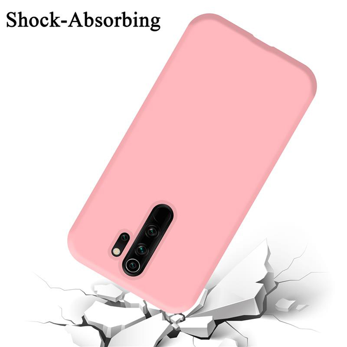 Custodia per telefono rosa, angolata, a mezz'aria, che frantuma una superficie. Sfondo bianco. Testo: Antishock.