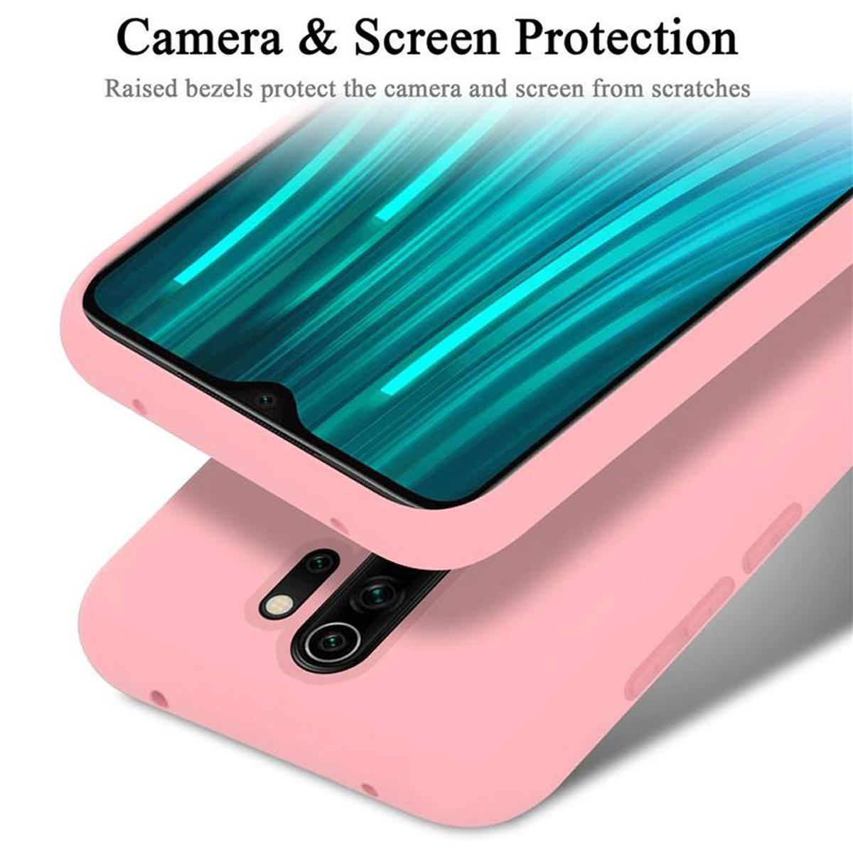 Custodia rosa per telefono che protegge il telefono. I bordi rialzati proteggono fotocamera e schermo.