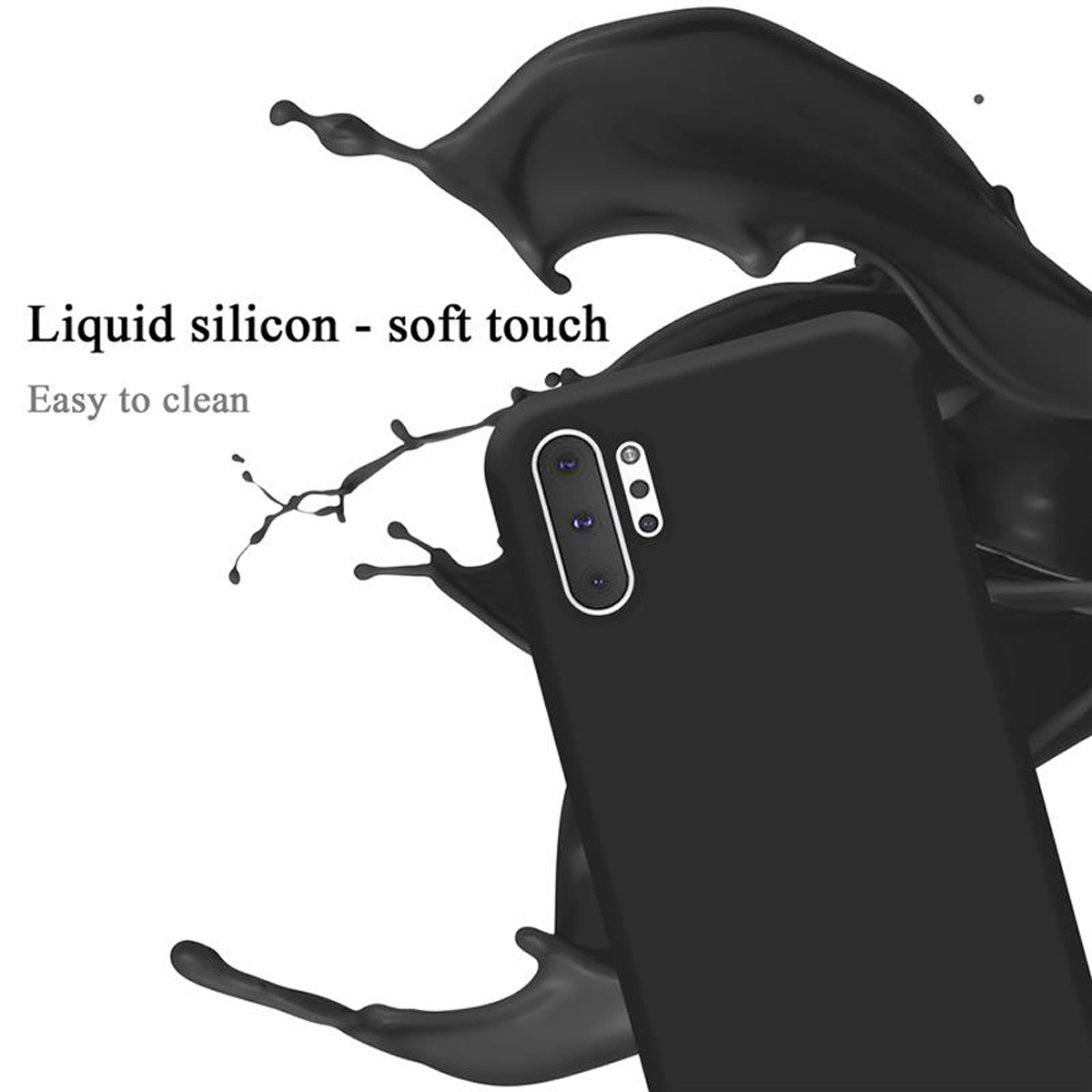 Custodia per telefono nera con schizzo di liquido, sfondo nero e testo che indica 'silicone liquido, tocco morbido'.