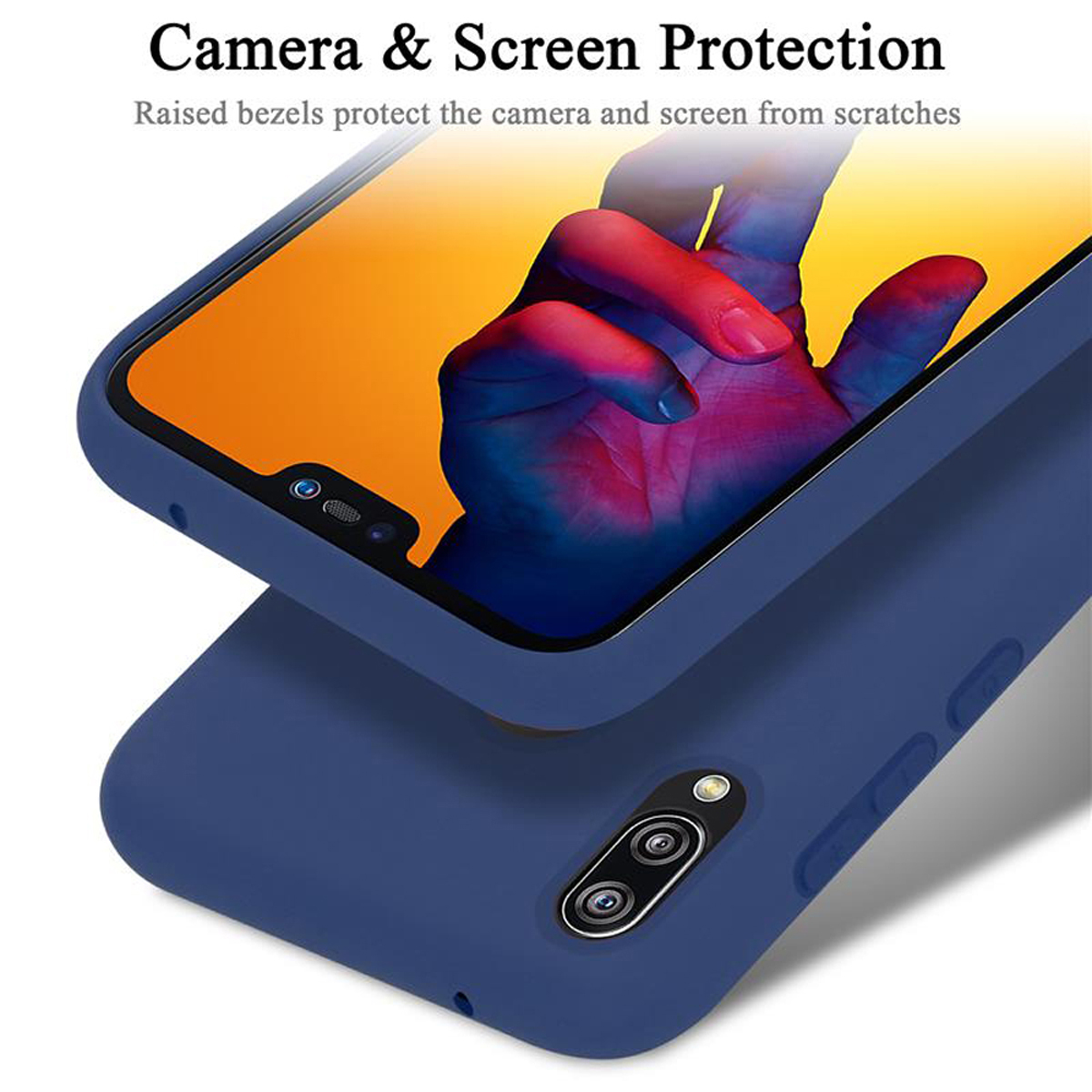 Telefon in blauer Hülle. Text: Kamera- und Bildschirmschutz, Erhöhte Blenden schützen Kamera und Bildschirm.