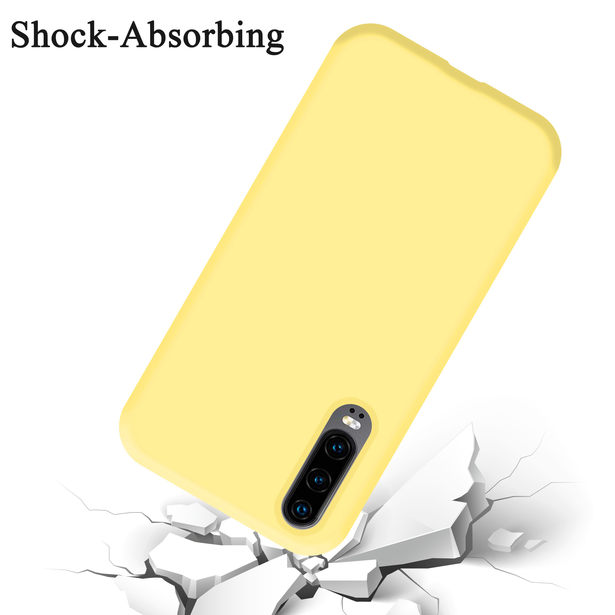 Eine gelbe Handyhülle mit dem Text 'Shock-Absorbing' und einem fallenden Telefon.