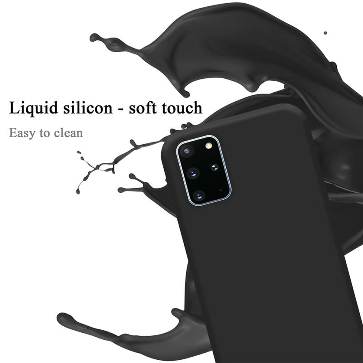 Schwarze Handyhülle mit Flüssigkeitsspritz-Effekt. Text: 'Flüssigsilikon - Soft-Touch'.