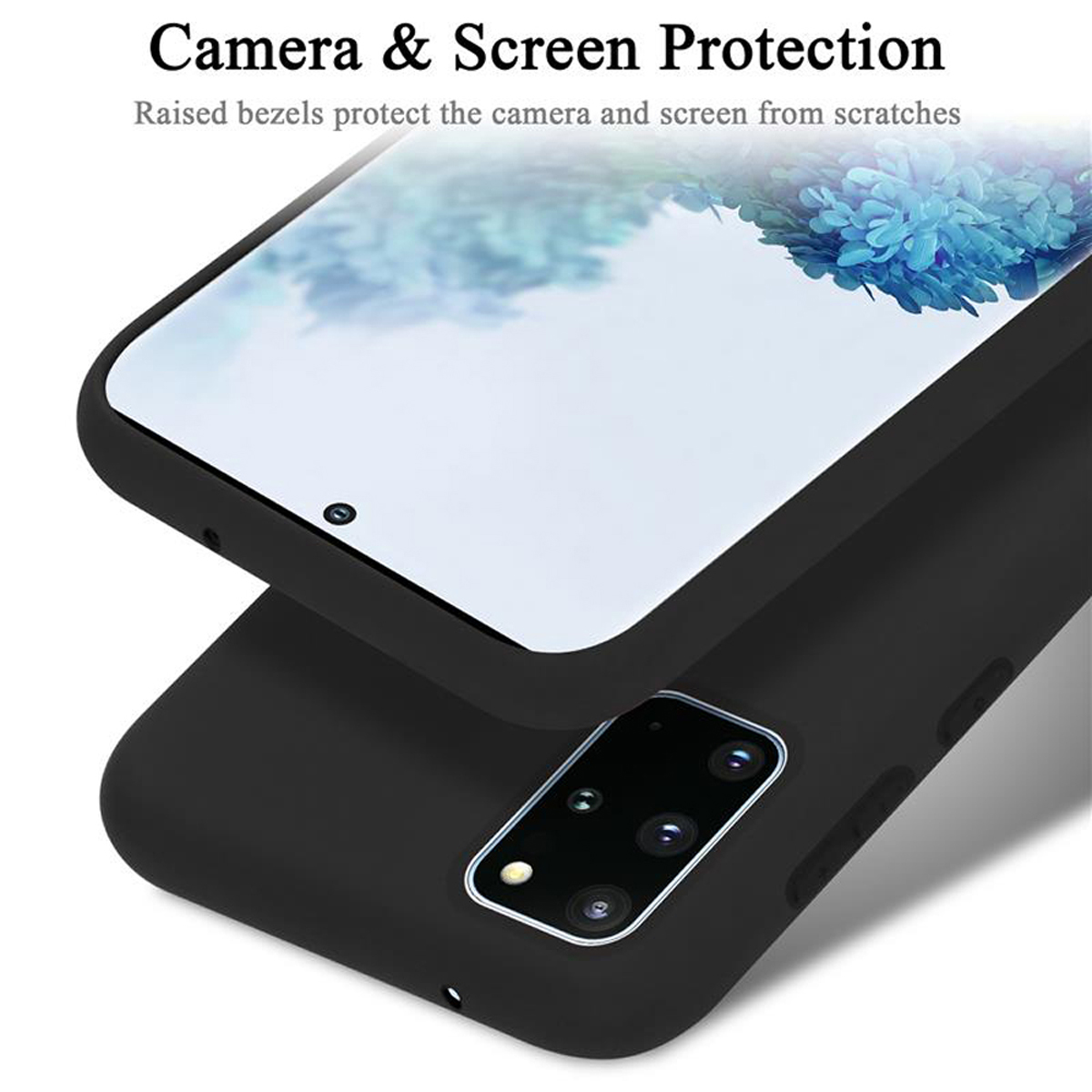 Schwarze Handyhülle mit einem Telefon darin. Der Telefonbildschirm zeigt ein abstraktes blaues Design.