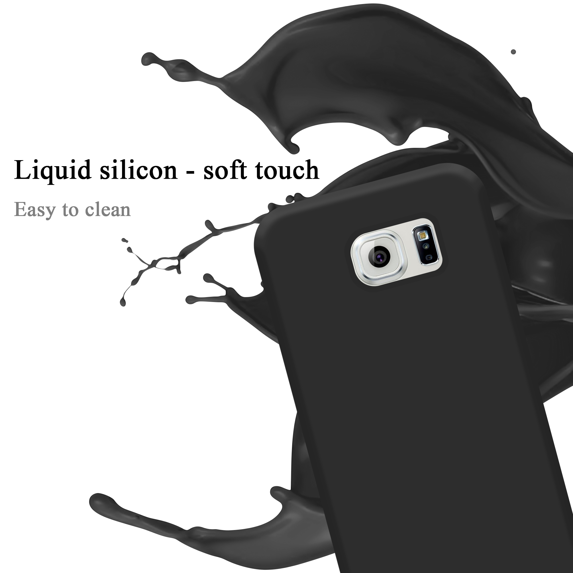 Schwarze Handyhülle mit schwarzem Flüssigkeitsspritzer auf weißem Hintergrund. Die Hülle umgibt ein Telefon mit Kamera.