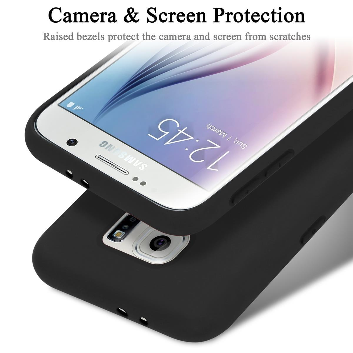 Schwarze Handyhülle mit einem Telefon darin. Das Telefon zeigt Zeit und Samsung-Logo.
