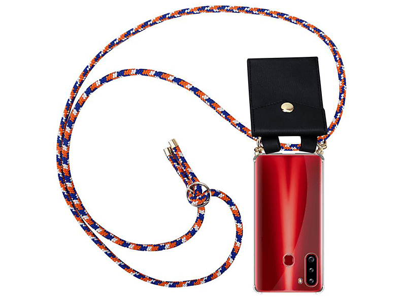 CADORABO Handy Kette mit Gold Ringen, Kordel Band und abnehmbarer Hülle, Backcover, Samsung, Galaxy A21, ORANGE BLAU WEIß