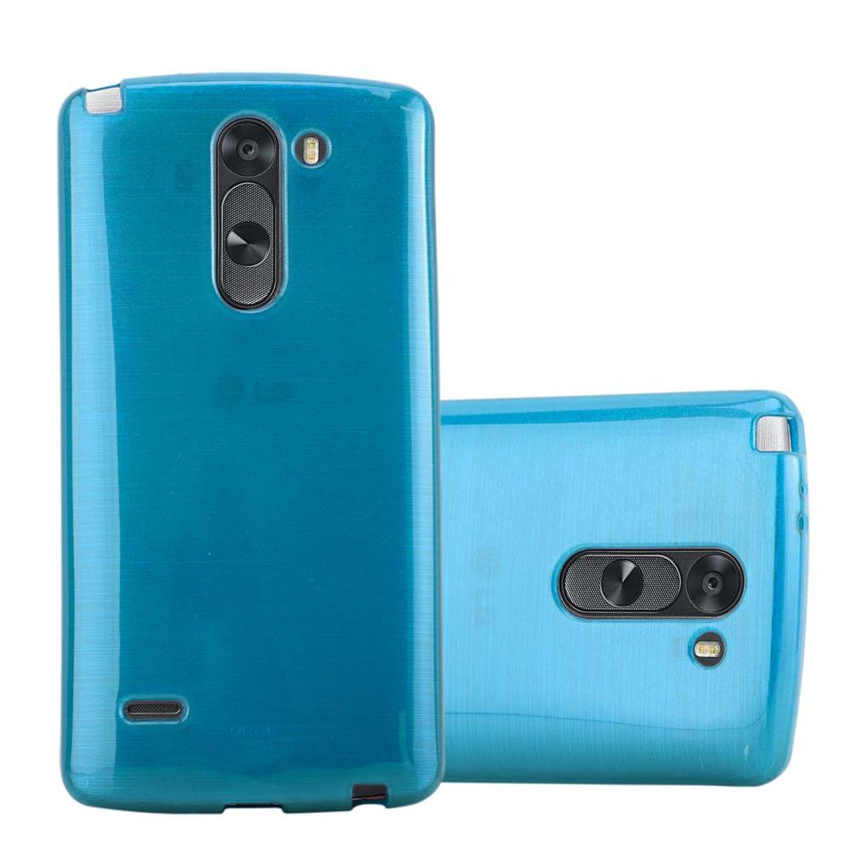 Dos fundas azules para teléfono, ambas mirando en diferentes direcciones. Las fundas tienen un acabado brillante.