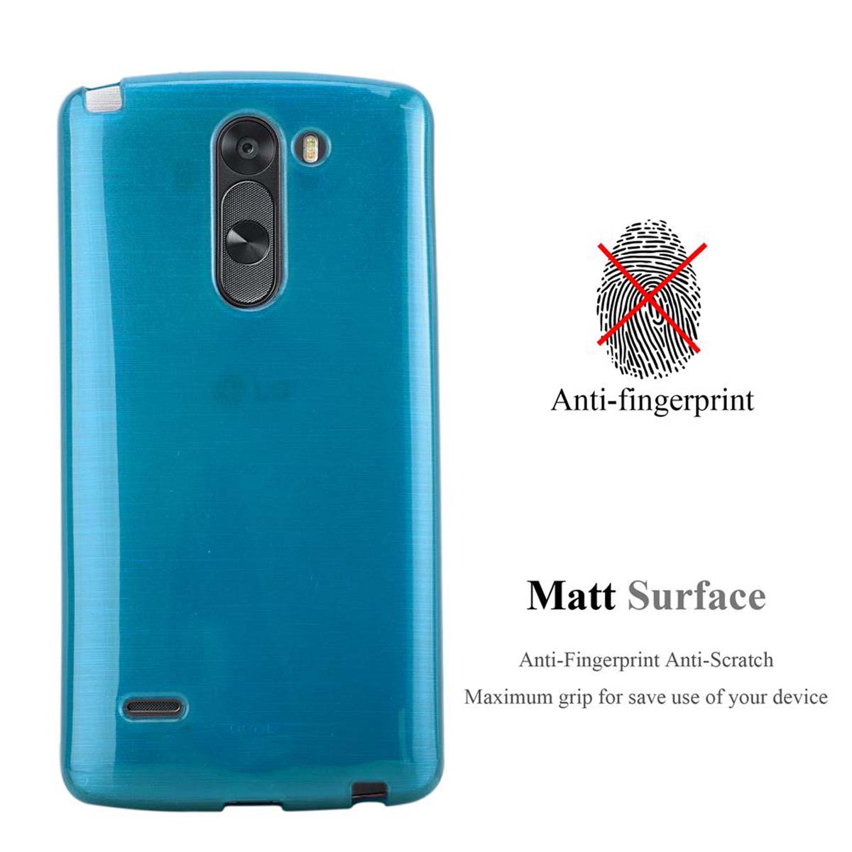 Funda de teléfono azul con un tono turquesa. Texto: 'Anti-huellas' y 'Superficie mate'.
