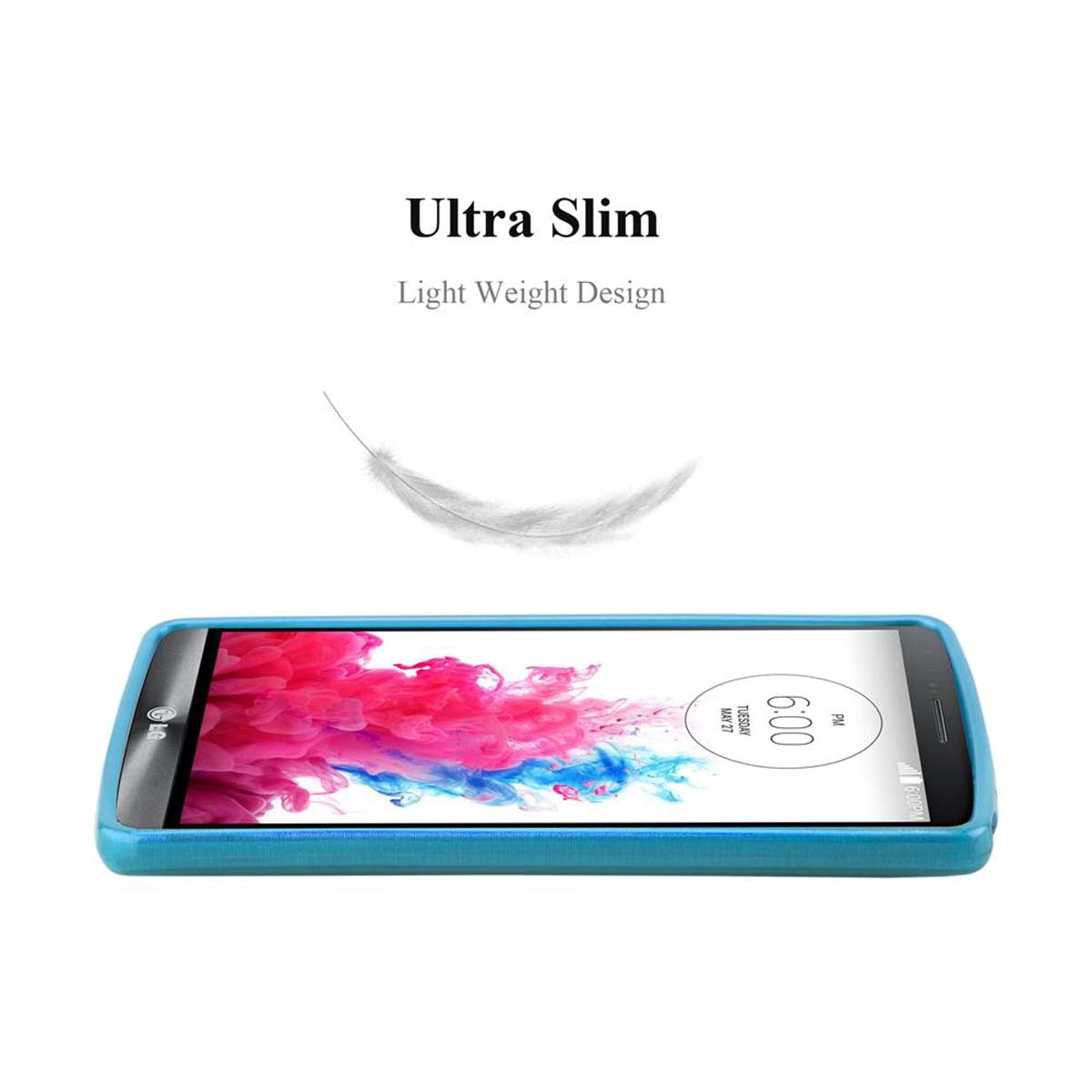 Funda azul para teléfono con gráfico de pluma y texto: Ultra Slim, Light Weight Design. Fondo blanco.