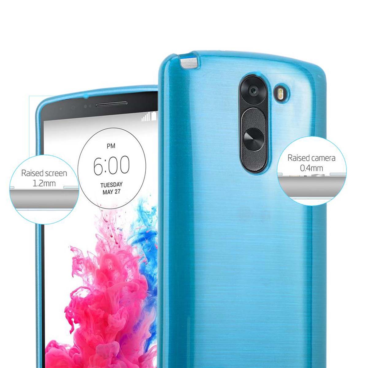 Funda azul para teléfono con teléfono dentro, con texto y medidas.