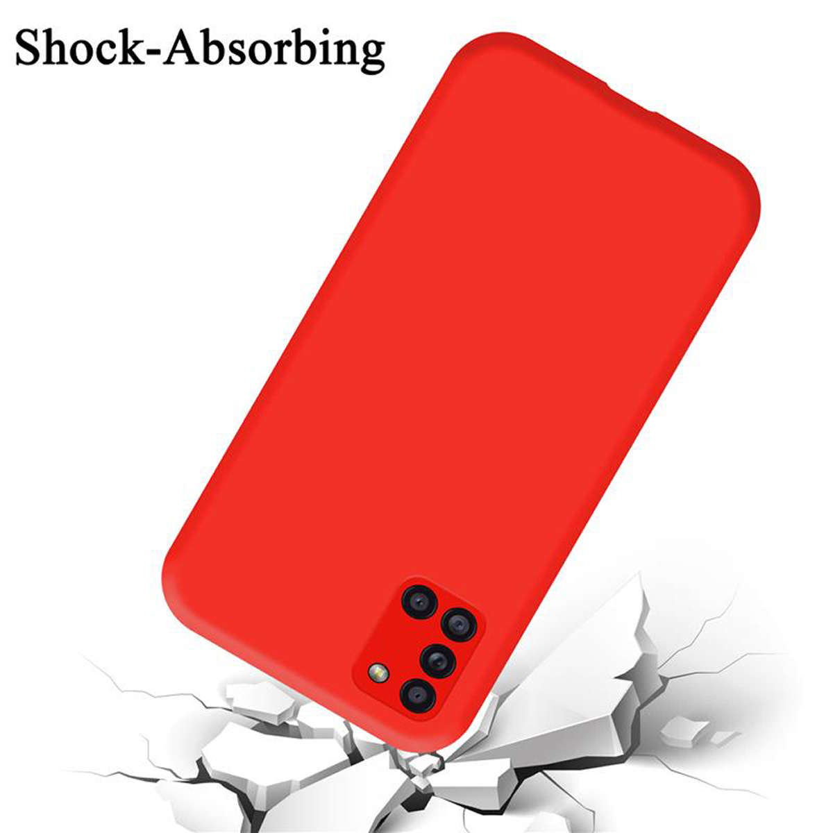 Custodia rossa per telefono su terreno crepato, con testo "Shock-Absorbing" sopra.