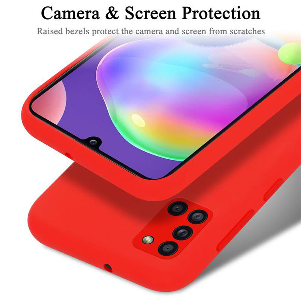 Una custodia per telefono rossa con un telefono all'interno, la fotocamera e lo schermo sono protetti da bordi rialzati.
