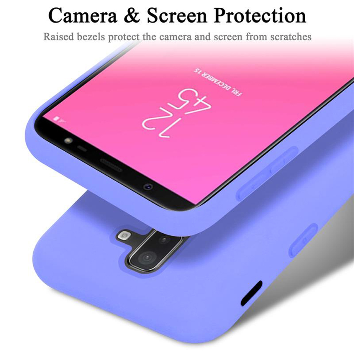 Una custodia per telefono viola con uno schermo che mostra l'ora e la data è posizionata sopra un'altra custodia viola.