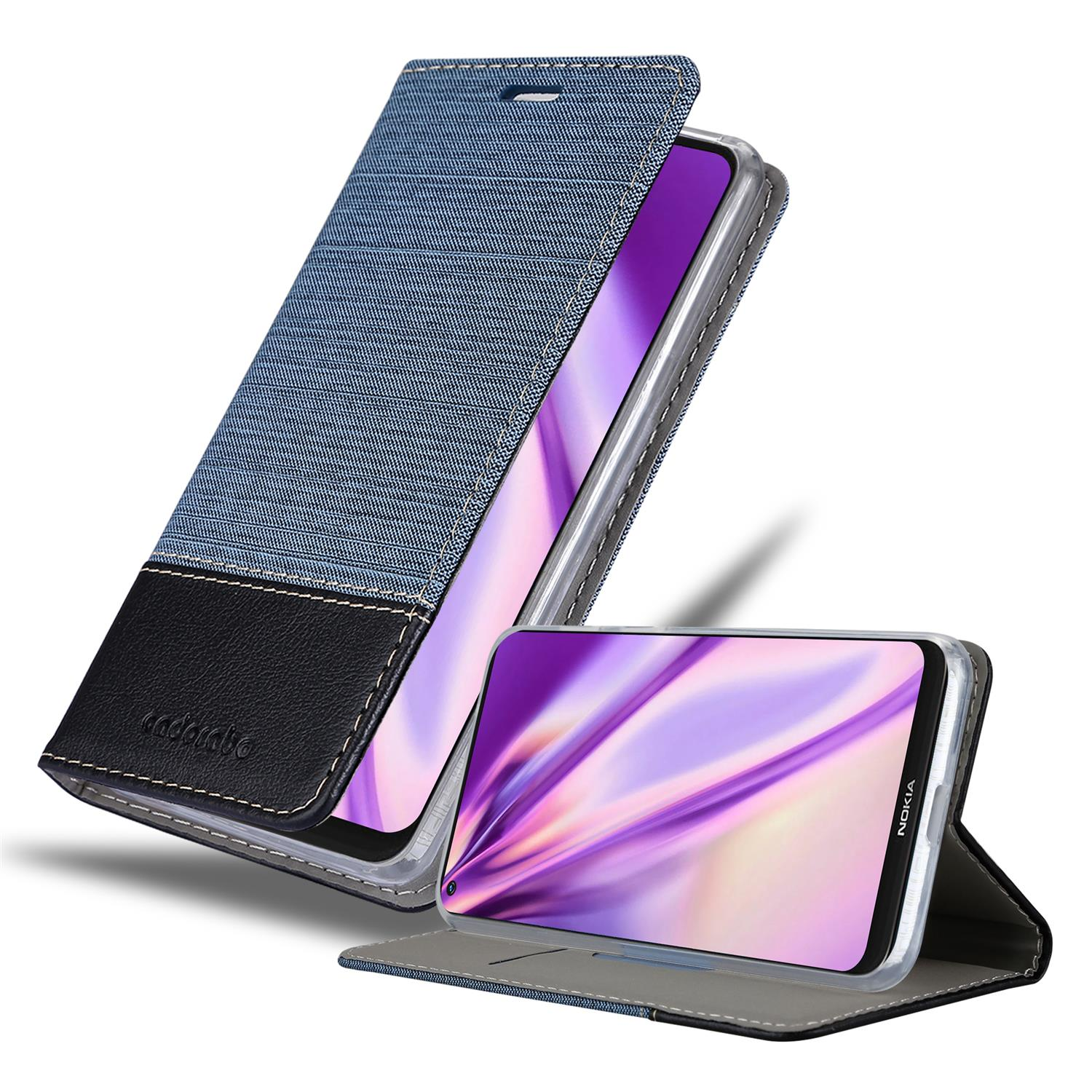 Custodia per telefono con trama denim sulla cover. Il telefono è aperto.