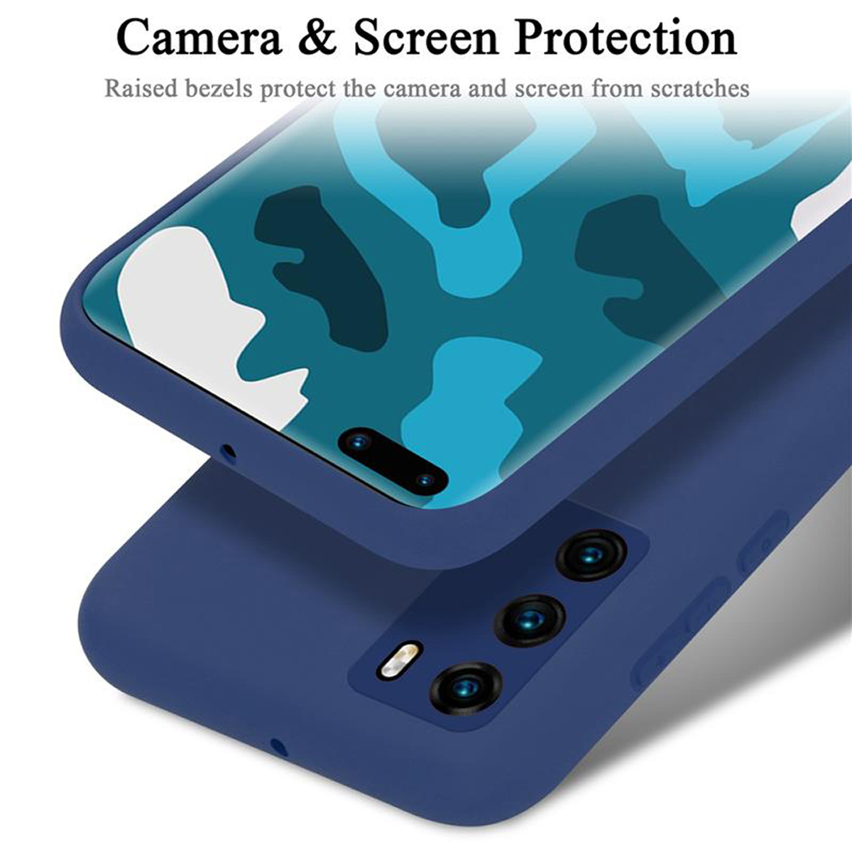 Custodia blu per telefono con un design blu e bianco. La lunetta rialzata protegge la fotocamera e lo schermo.