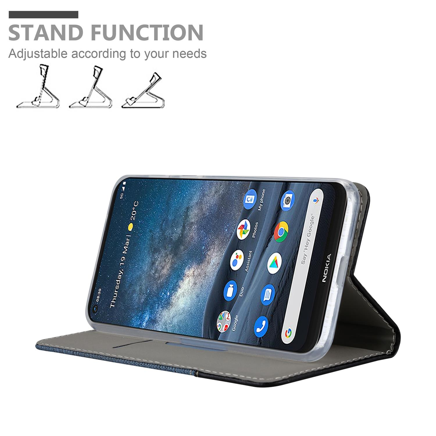 Custodia per telefono con telefono, con testo e funzione supporto, su sfondo bianco.