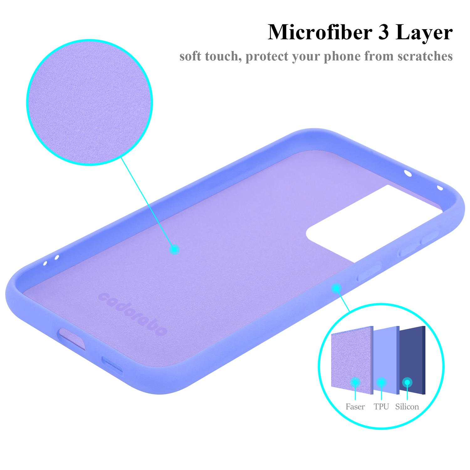 Eine lila Handyhülle mit Diagramm ihrer Schichten. Text: Mikrofaser 3 Schicht, weiche Haptik, schützt das Telefon vor Kratzern.