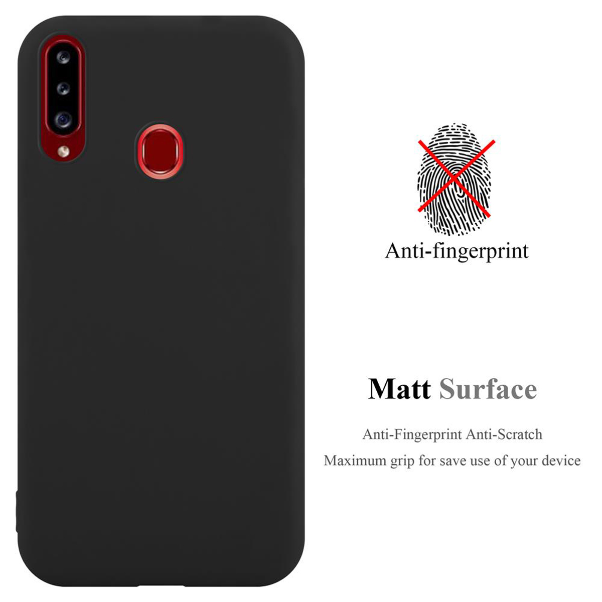Custodia nera con anello rosso per fotocamera. Anti-impronta e superficie opaca. Sfondo bianco.
