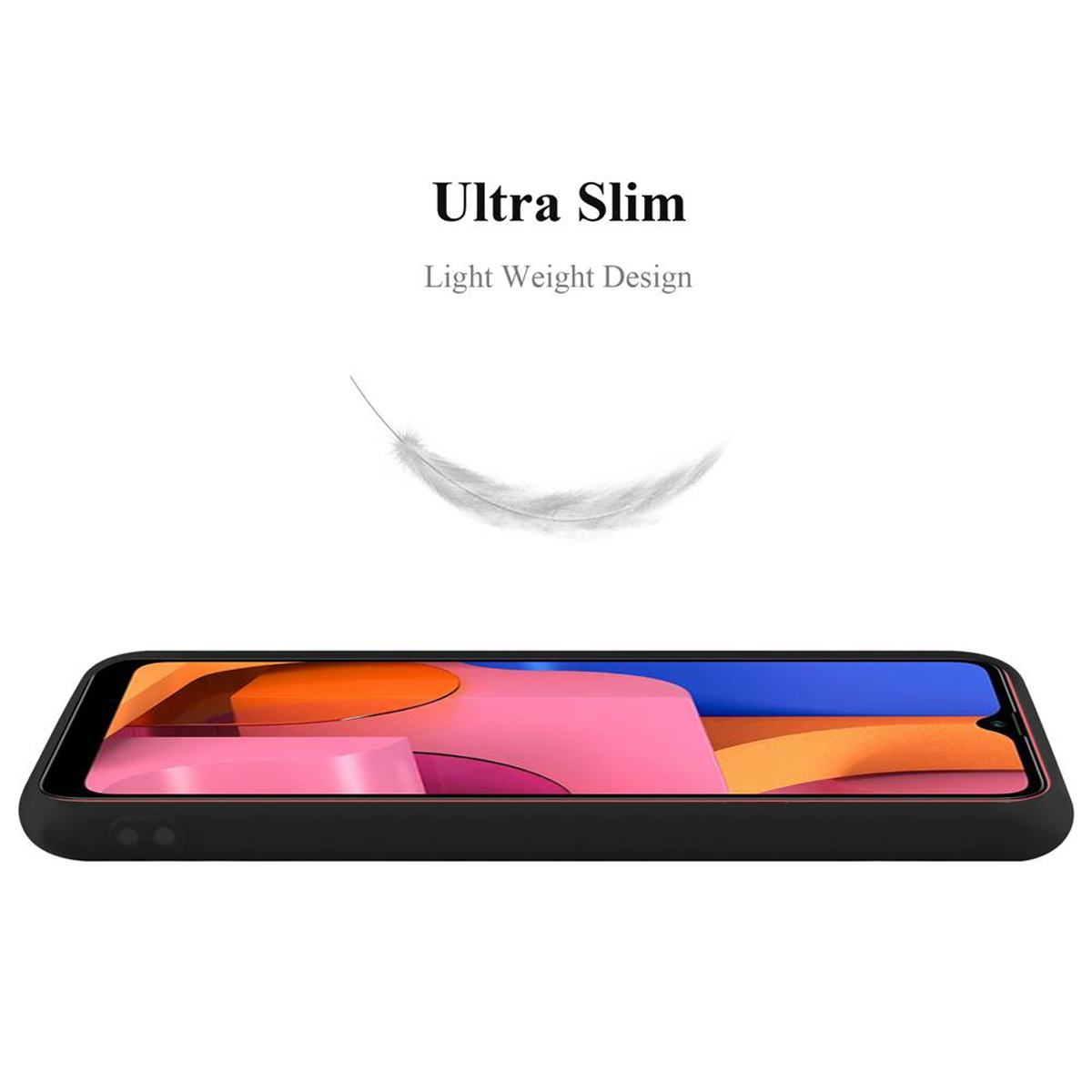 Custodia per telefono nera con il testo Ultra Slim, Light Weight Design e una grafica a piuma.