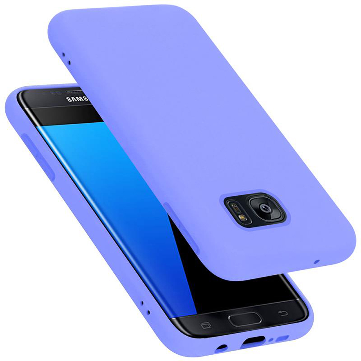 Ein Telefon in einer hellvioletten Hülle. Die Hülle ist geöffnet. Weißer Hintergrund.