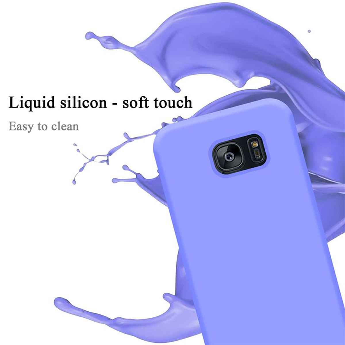 Eine lila Handyhülle mit einem Spritzer lila Flüssigkeit. Die Hülle befindet sich auf einem Samsung Telefon.