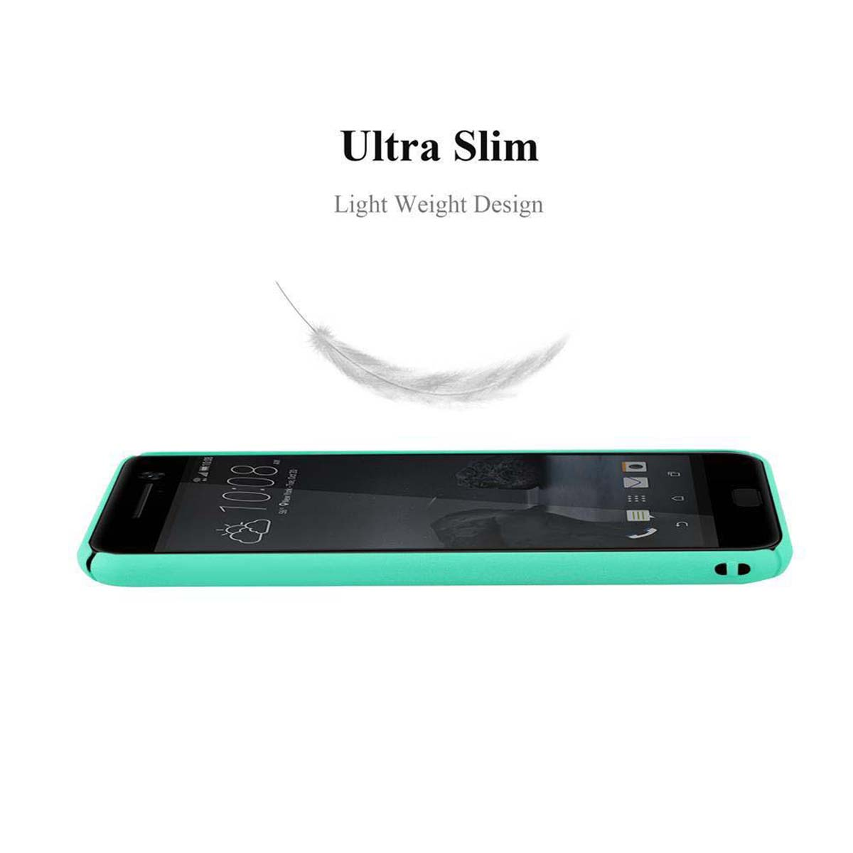 Türkisfarbene Handyhülle mit Telefon. Text: Ultra Slim, Light Weight Design.