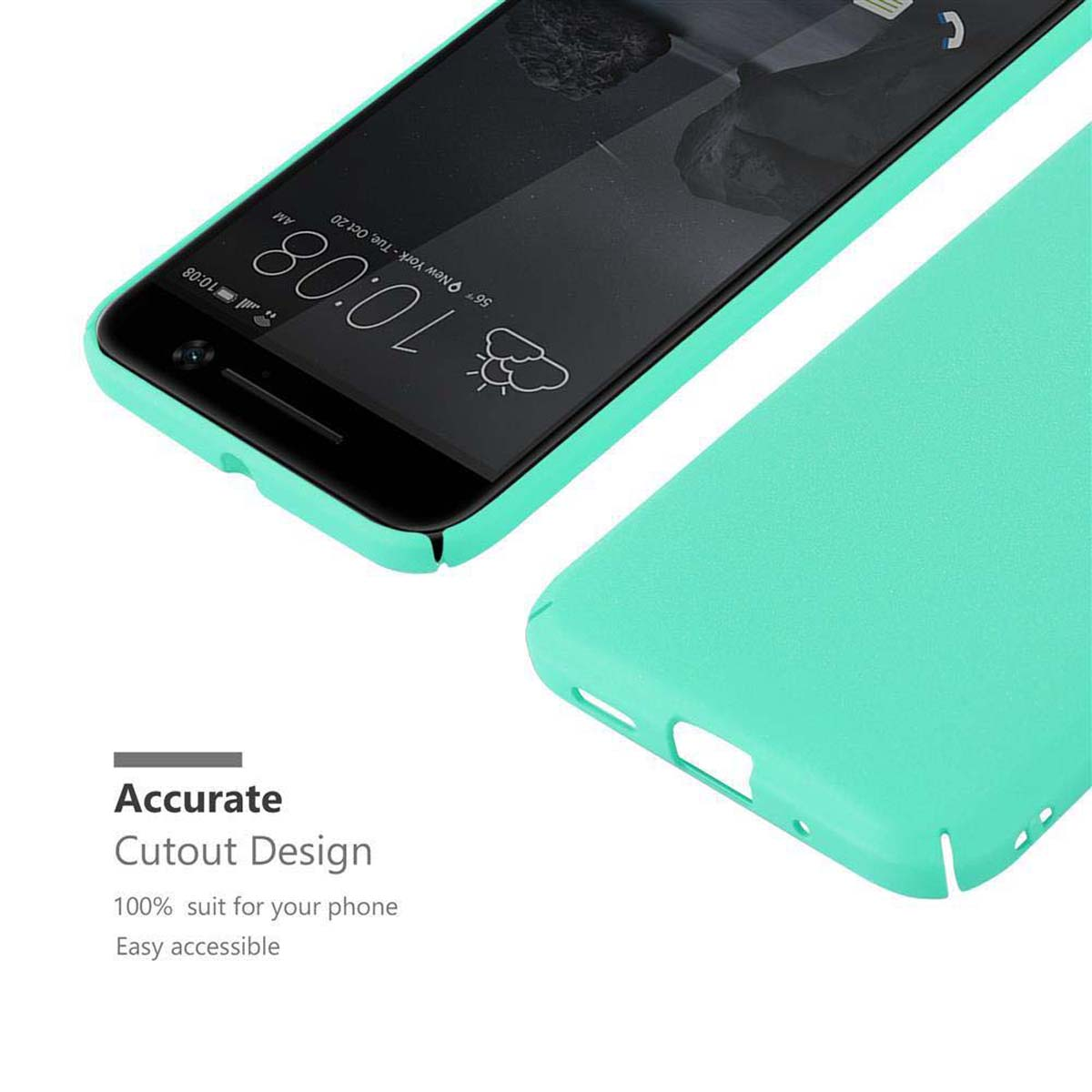 Ein Telefon mit türkisfarbener Hülle wird angezeigt. Das Telefon befindet sich auf weißem Hintergrund.