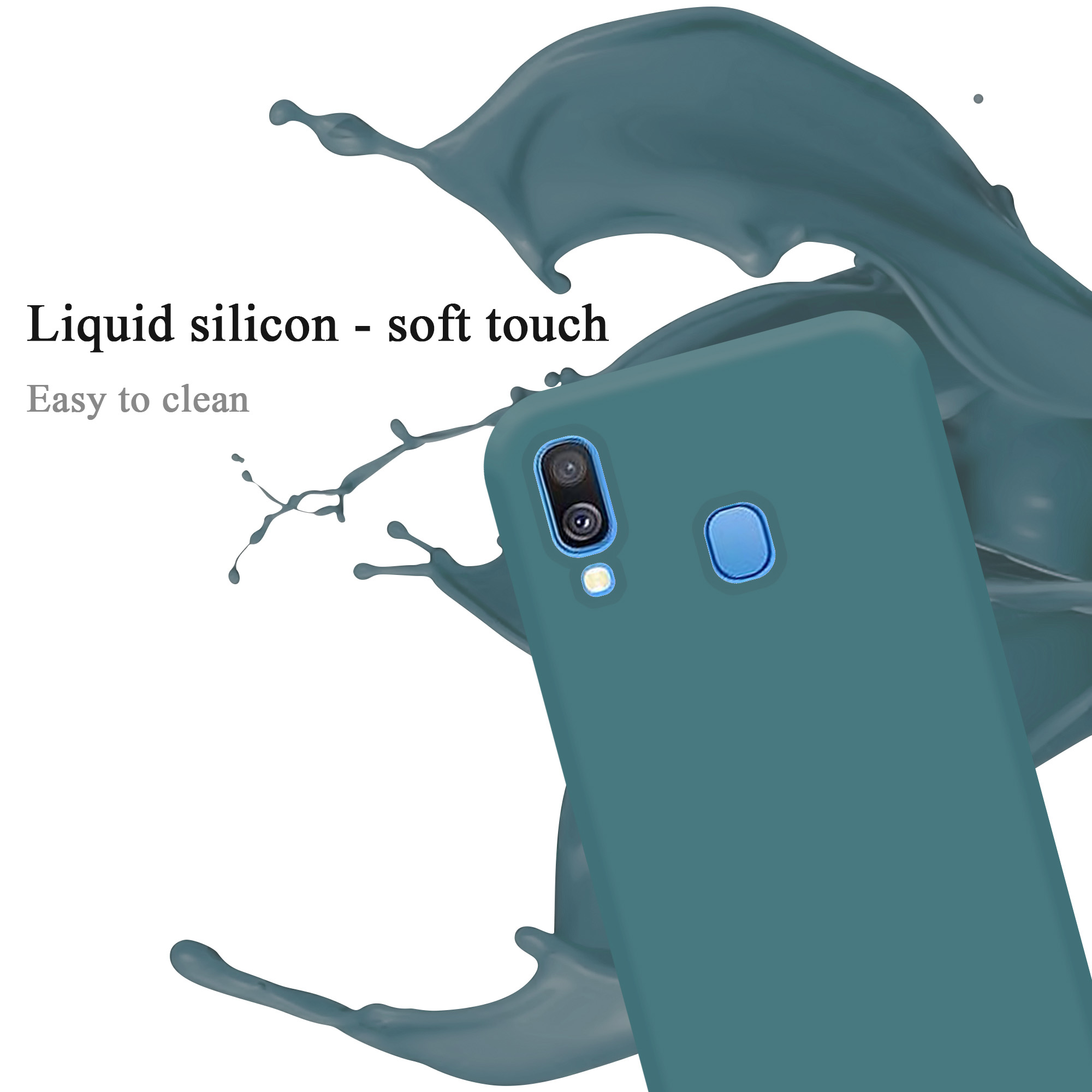 Una custodia per telefono verde acqua con uno spruzzo verde acqua dietro. Il testo dice: Liquid silicon - soft touch.