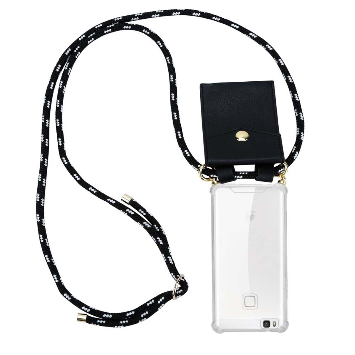Handy mit Lanyard. Es hat eine schwarze Hülle und ein schwarz-weißes Seil.