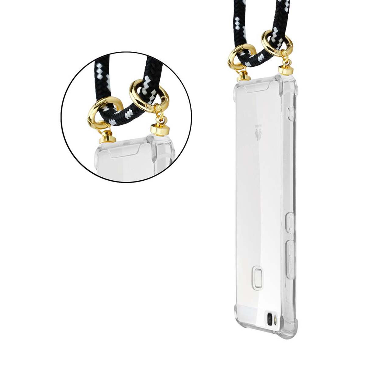 Ein Telefon in einer transparenten Hülle mit einem Lanyard. Nahaufnahme zeigt die Lanyard-Befestigung mit Goldringen.