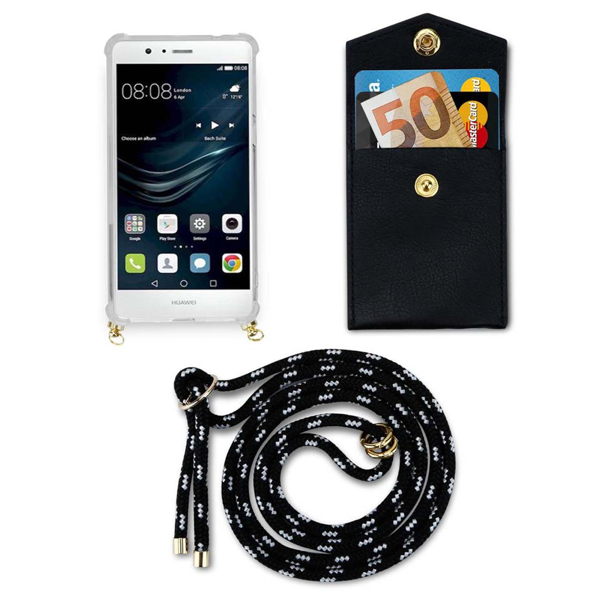 CADORABO Handy Kette mit Huawei, Hülle, Backcover, Ringen, SILBER P9 LITE / Band abnehmbarer und Kordel 2016 SCHWARZ G9 Gold LITE