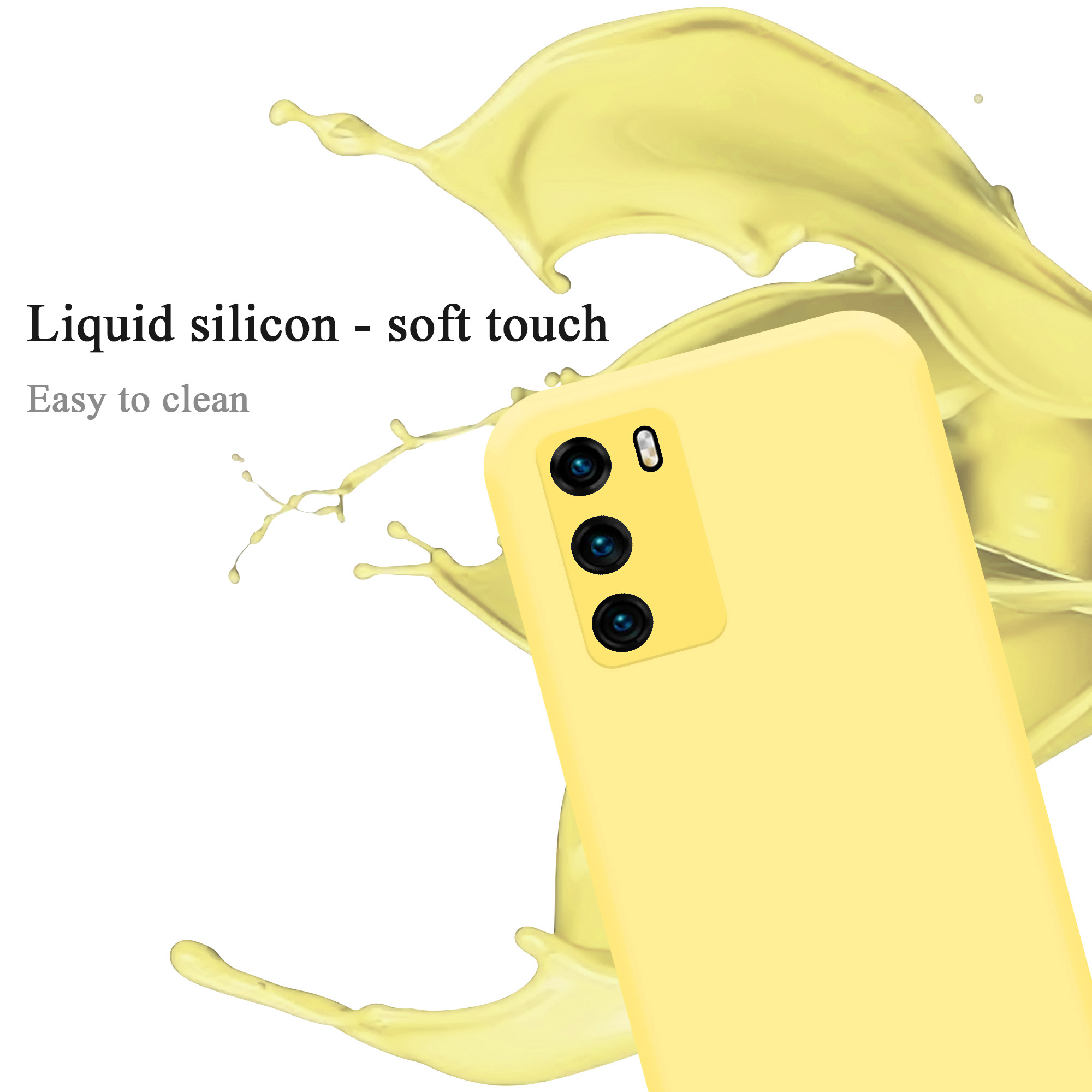 Custodia gialla con tre fotocamere. Schizzo di liquido sullo sfondo e testo.