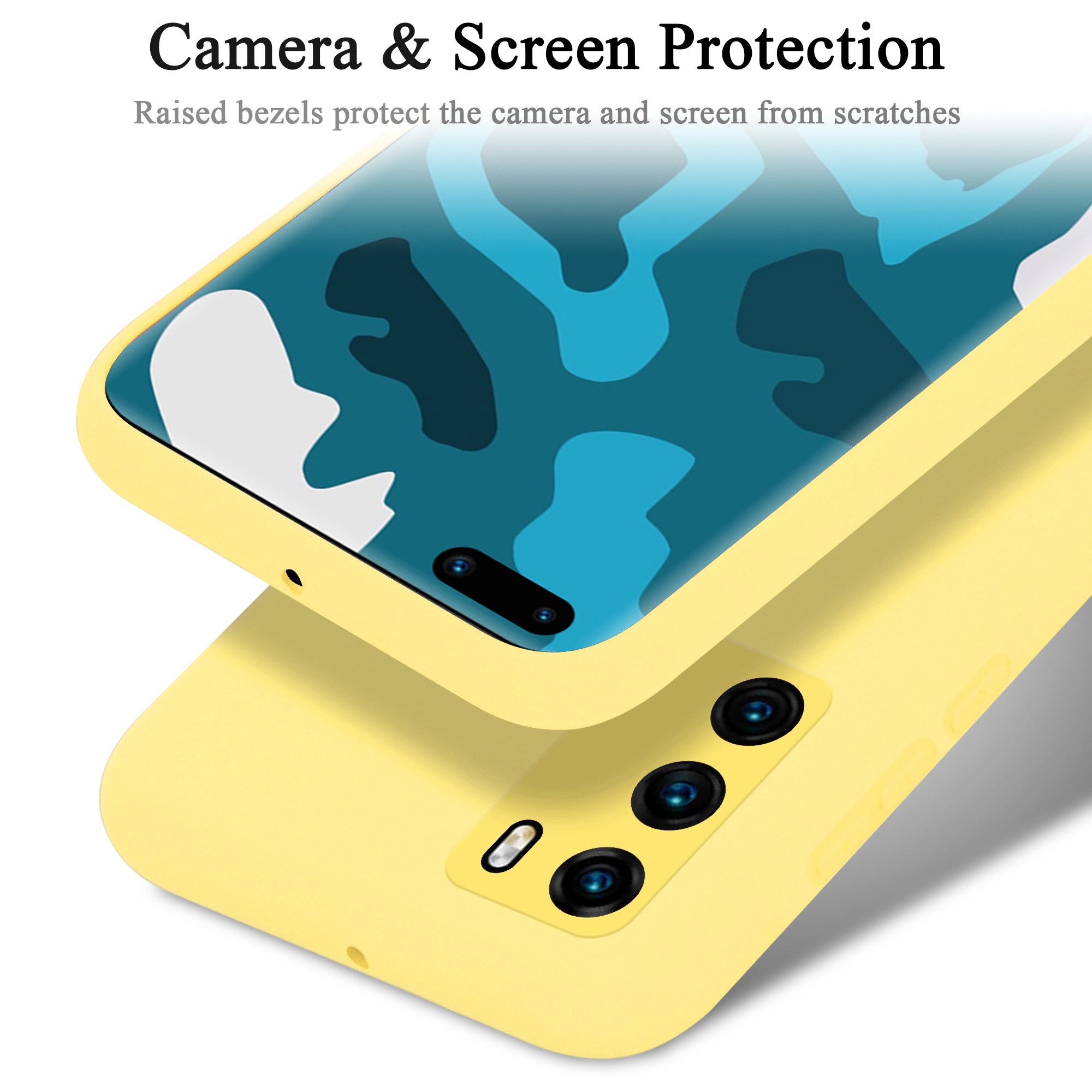 Custodia gialla con testo, protezione fotocamera e schermo. Lo schermo ha un motivo blu e bianco.